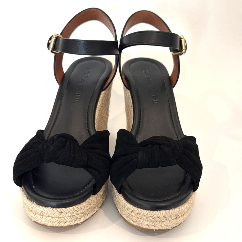 COACH Womens Sz 5 Espadrilles Katey Wedge Sandals Black Suede Peep Toe Resort - Picture 2 of 14